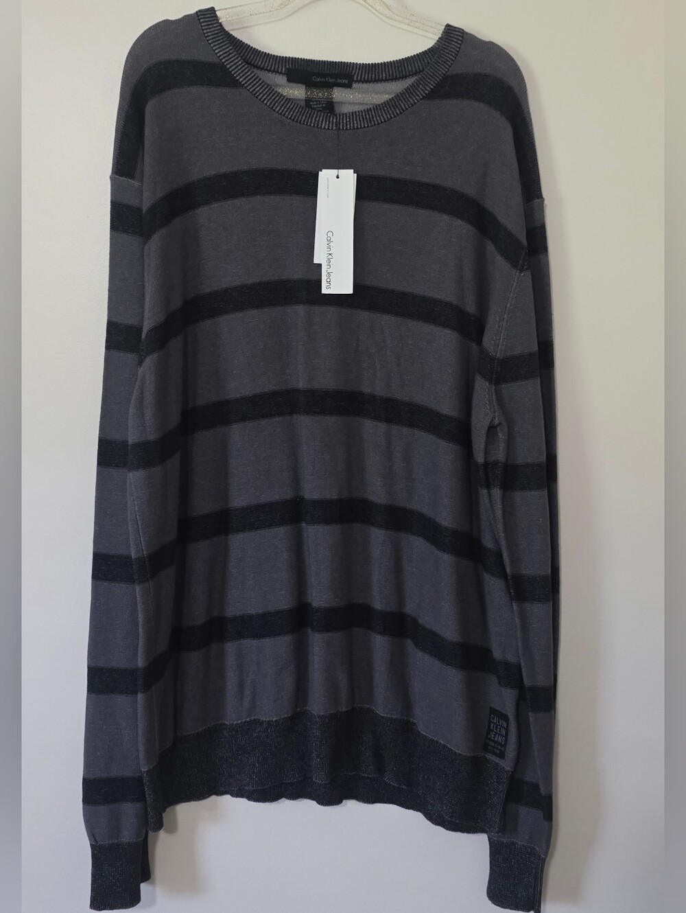 NWT Calvin Klein Cotton Crewneck Pullover Gray Stripe Sweater Streetwear XL